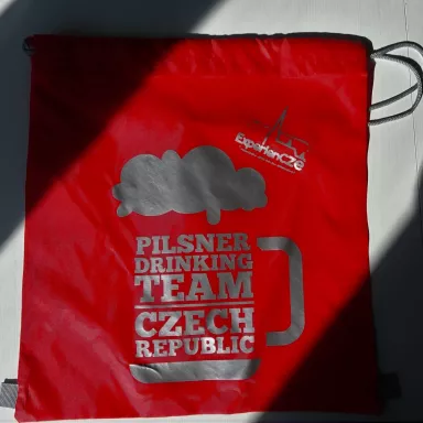 Pilsner Drinking Team Czech Republic: Drawstring Bagpack - RED + SILVER logo