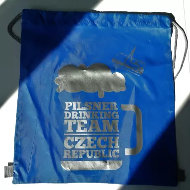 Pilsner Drinking Team Czech Republic: Drawstring Bagpack - BLUE + SILVER logo